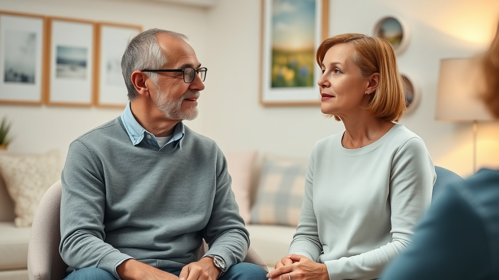 Middle-aged couple in therapy room practicing communication exercises
