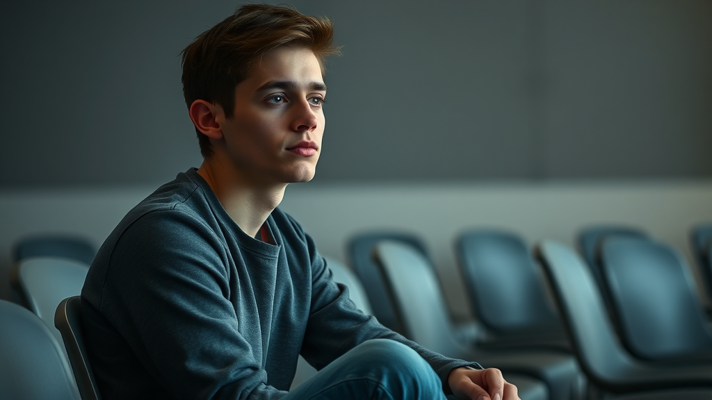 addiction recovery thoughtful young adult sitting support group room high fidelity