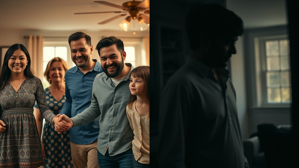 Contrasting family recovery journey and individual struggle. Family holding hands in encouragement, solitary person in shadowy room. Hopeful and somber facial expressions.