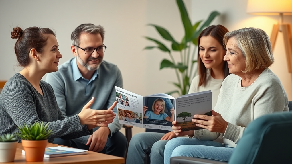Reassuring counselor advising hopeful family about addiction recovery, calm and professional expressions in a tidy counseling office.