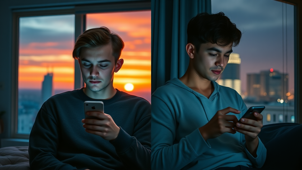long distance couple tired but connecting over video call from different time zones - communication challenges