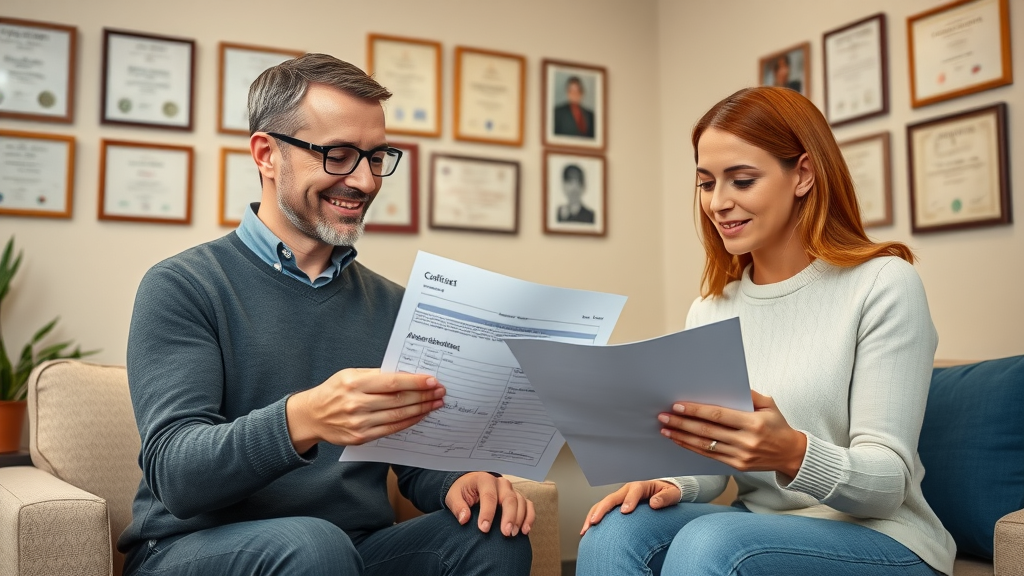 couples therapy for addiction initial assessment, professional therapist reviewing forms with a couple