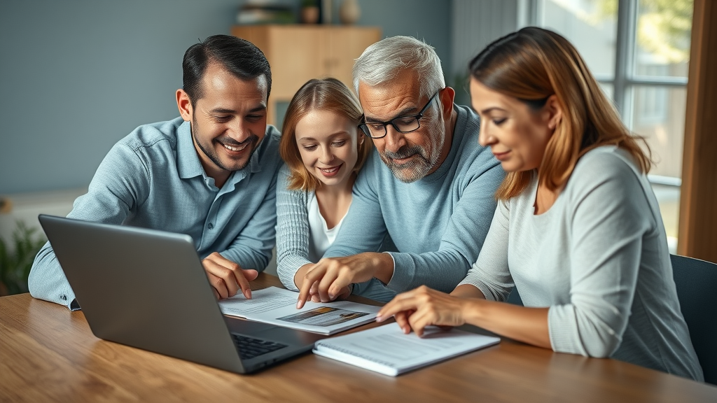 Family researching addiction recovery treatment options together, focused and supportive expressions, gathered around a table with a laptop and notepad.
