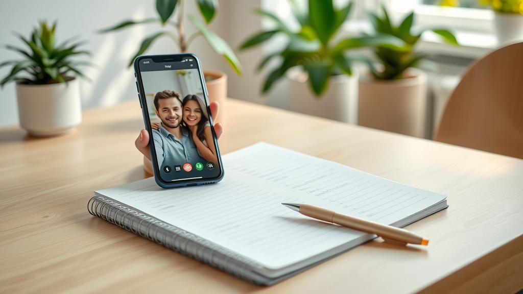 notebook, smartphone, checklist reminders for video call with smiling couple - improving communication in distance relationships