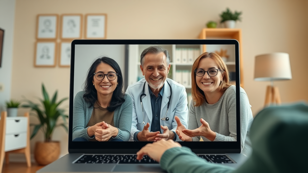 professional online couples therapy session on a split screen - therapist guiding distance couples through trust issues