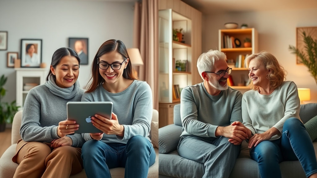 side-by-side of couple in virtual session and couple in therapist
