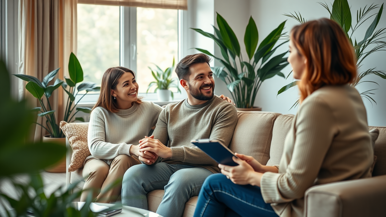Couple holding hands in therapy office discussing communication with therapist