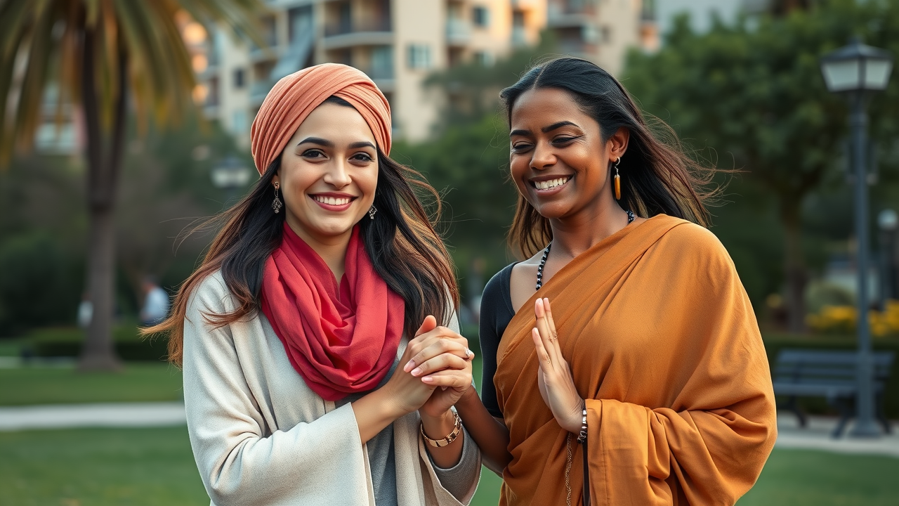 lgbtq+ interfaith couples holding hands, smiling, diverse urban park background with symbols of multiple faiths, lifelike, natural interaction, golden hour lighting
