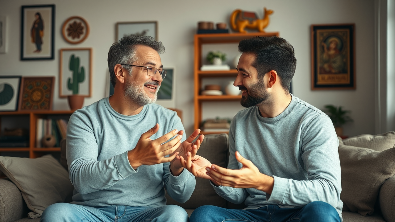 empathetic lgbtq+ interfaith couple talking in warm home setting, gentle body language, cultural decorations