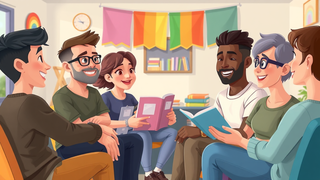 supportive lgbtq+ and interfaith peer support group talking in a safe community centre, rainbow and faith banners, relaxed atmosphere