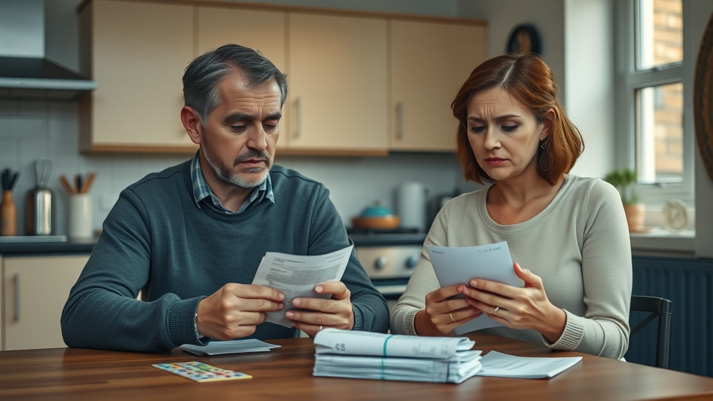 Somber British couple facing gambling addiction, worried and apart at kitchen table surrounded by unpaid bills and gambling clues, photorealistic, contemporary UK home