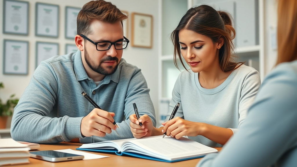 Motivated couple with therapist working on CBT exercises for gambling addiction, photorealistic workbook session, UK therapy office