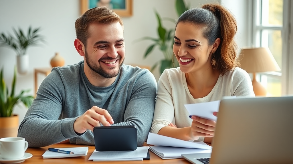 Positive couple working together on finances during gambling addiction therapy, photorealistic, UK home