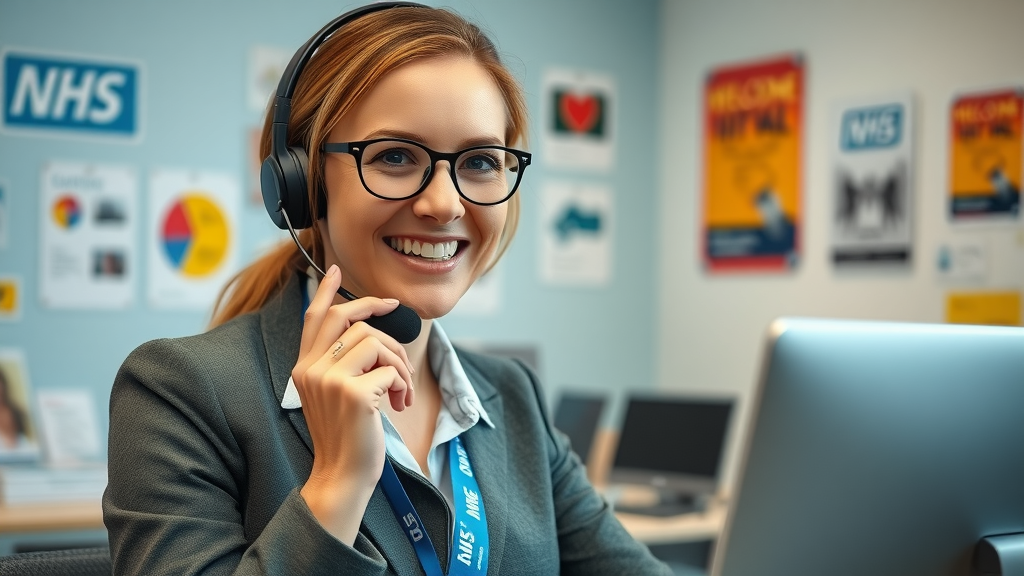 Friendly UK helpline advisor supporting couples with gambling addiction, NHS theme, detailed office