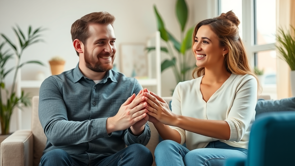 Hopeful married couple holding hands during gambling addiction therapy, warm UK counselling room